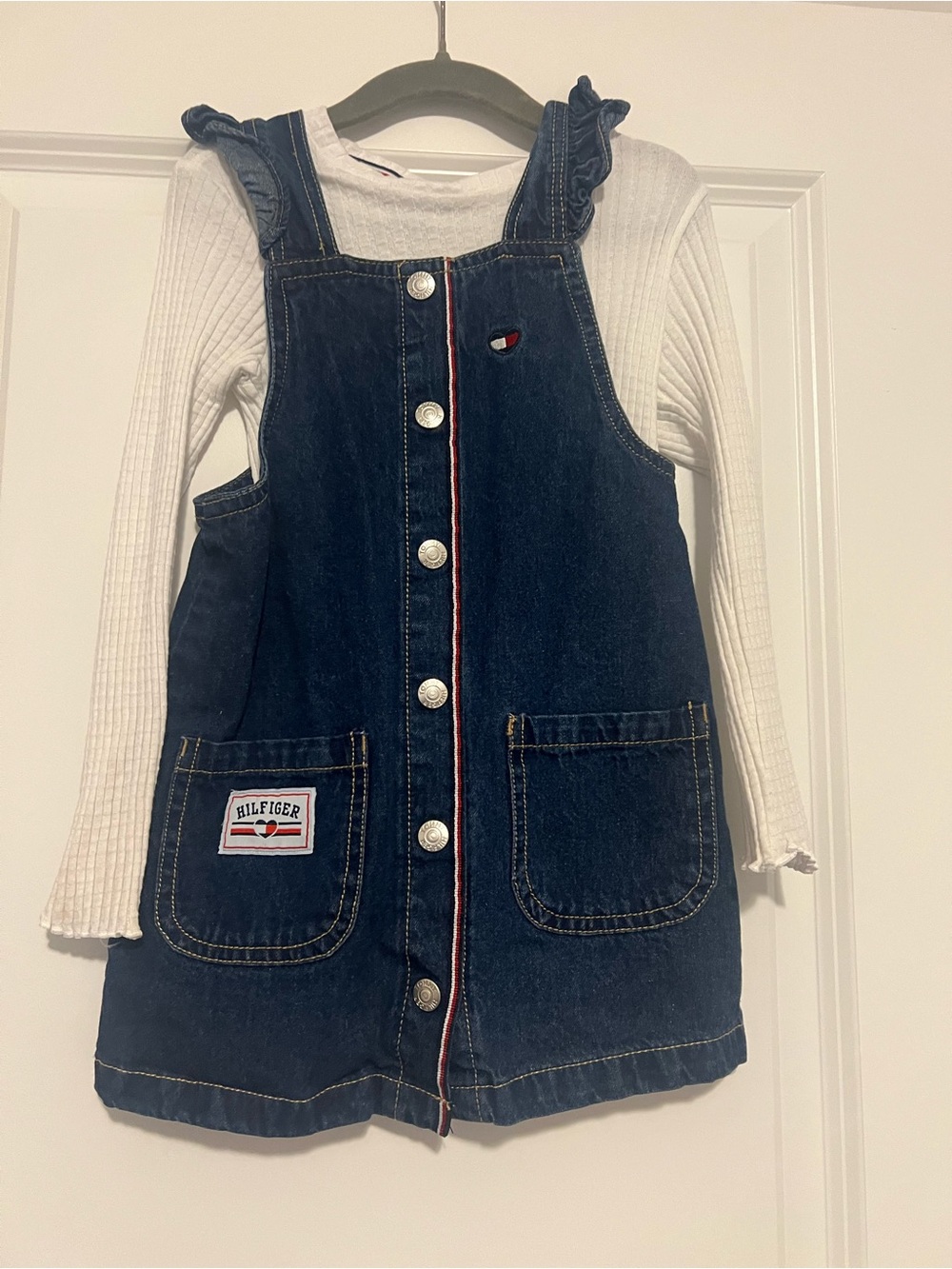 Tommy Hilfiger Navy Denim Pinafore Jumper with Red Trim